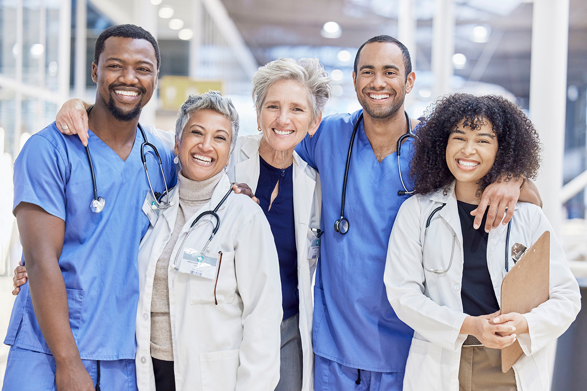 Happy portrait, group and doctors for healthcare service, leadership and teamwork in hospital. 